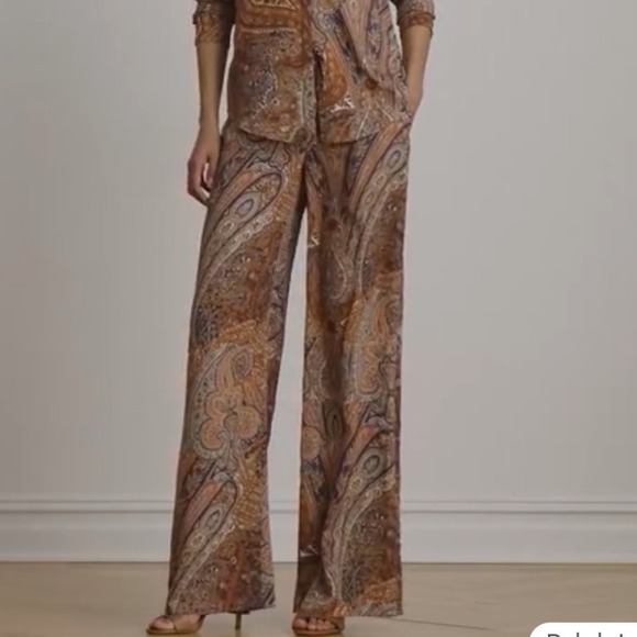 metrostyle Pants - Mid Rise Brown Paisley Print Wide Leg Dress Pants Thick Waist Band Vtg